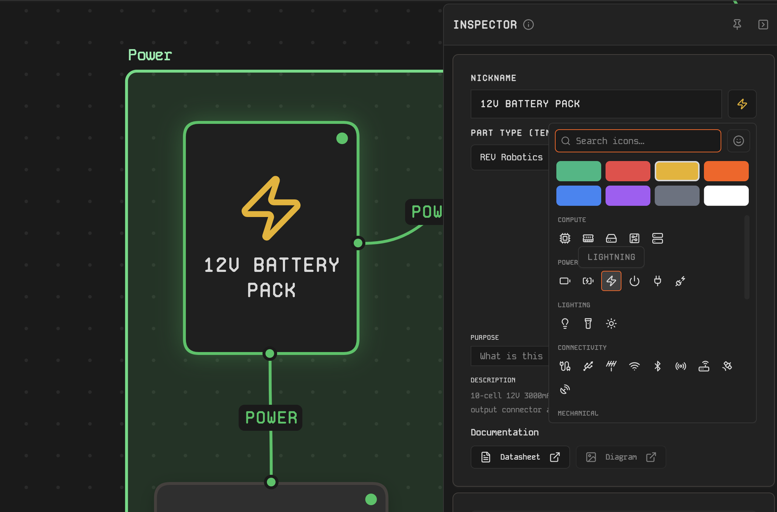 Per-part icon and color picker open on a canvas node