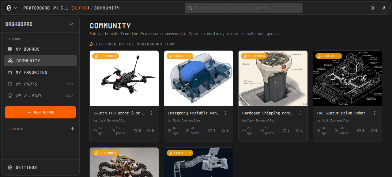 The Community page showing a row of featured public boards with thumbnails, part counts, likes, and favorites