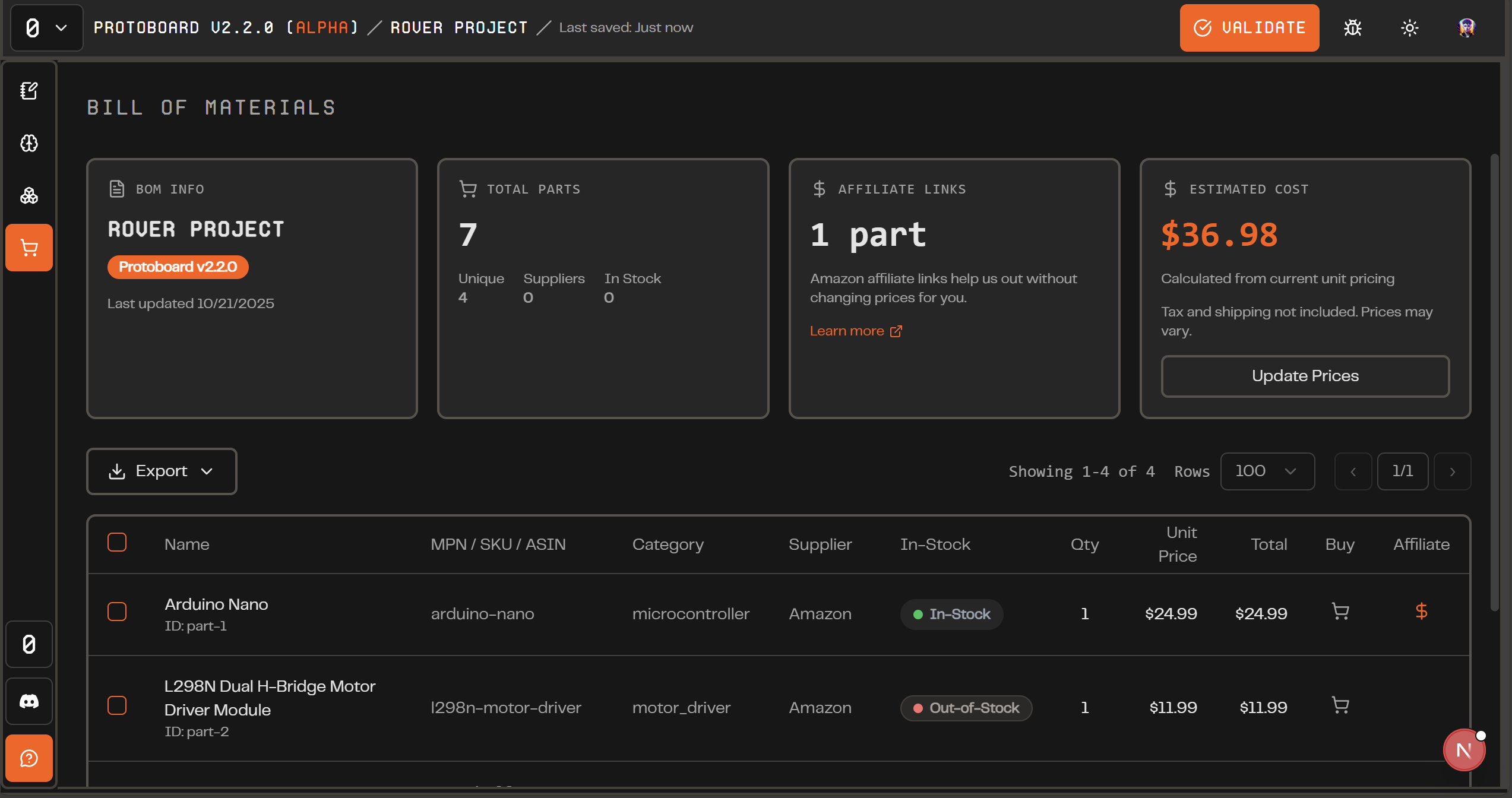 Bill of Materials export with part names, pricing, supplier links, and stock status