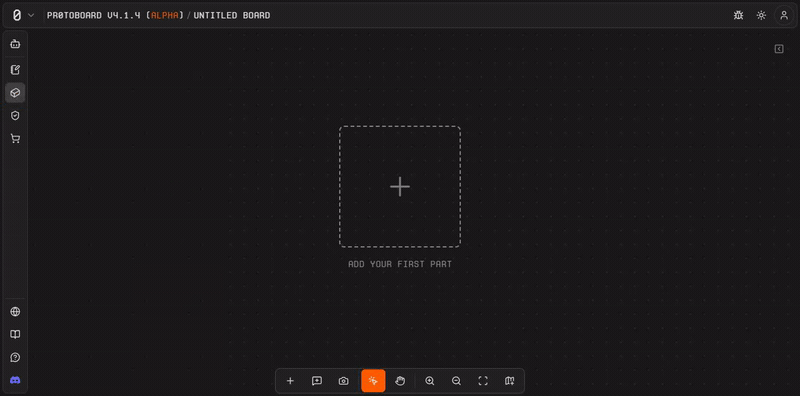 An empty Protoboard canvas with dot grid and the Add Your First Part prompt