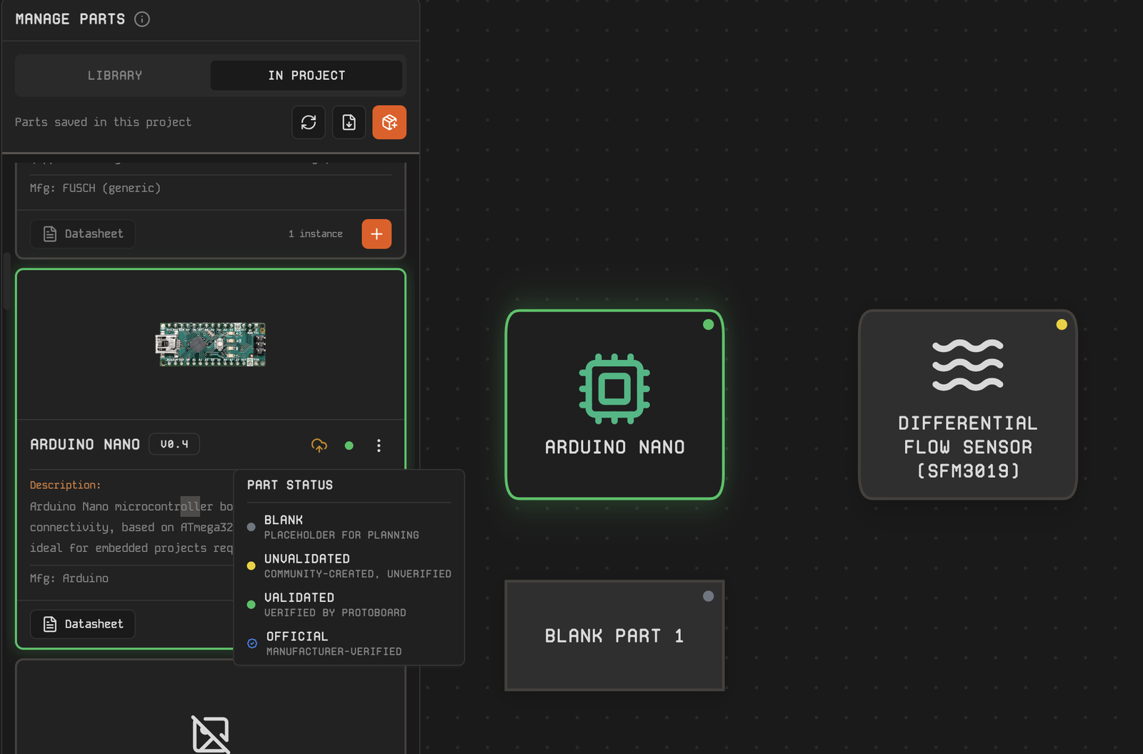 Lifecycle status badges on canvas nodes and library cards