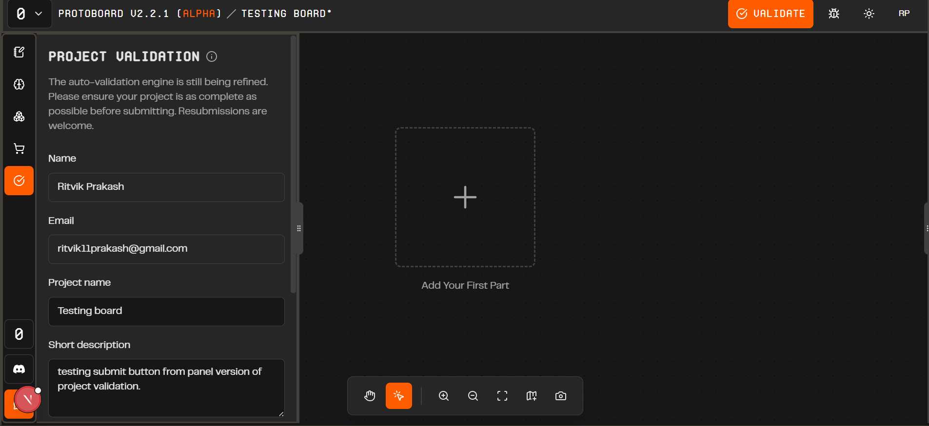 Persistent validation panel in the left sidebar