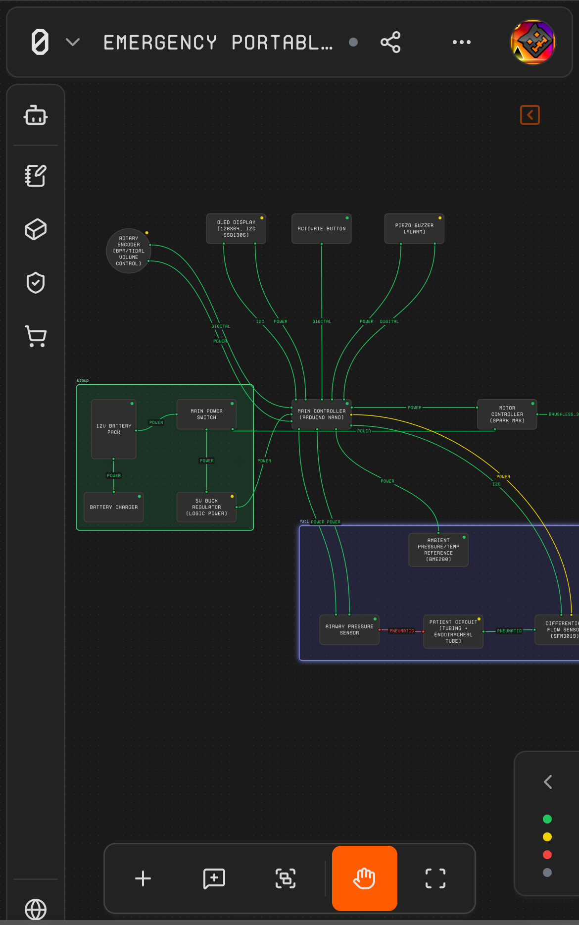 Protoboard running on a mobile phone with a compact header, bottom dock, and mobile-optimized panel layout