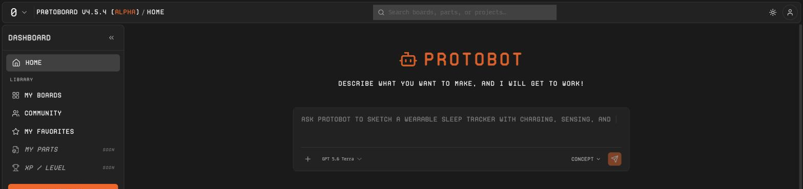 The new Home dashboard with the ProtoBot prompt box, model picker, and mode selector at the top of the page